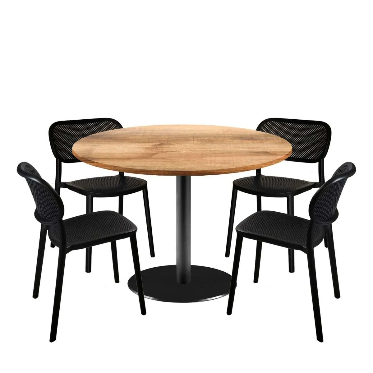 RestooTab Set tavolo Rome XL rotondo con 4 sedie - laminato legno; 120x120x75x120 cm (LxLxHxØ); quercia/marrone; struttura nero; rotonda