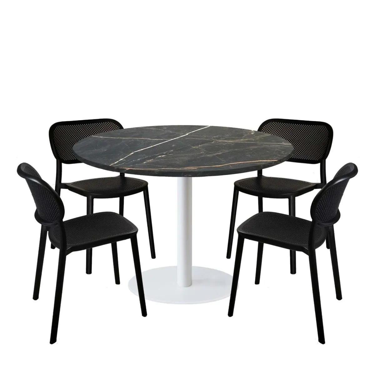 RestooTab Set tavolo Rome XL rotondo base bianco con 4 sedie - laminato pietra; 120x120x75x120 cm (LxLxHxØ); nero/oro/marmorizzato; struttura nero; rotonda