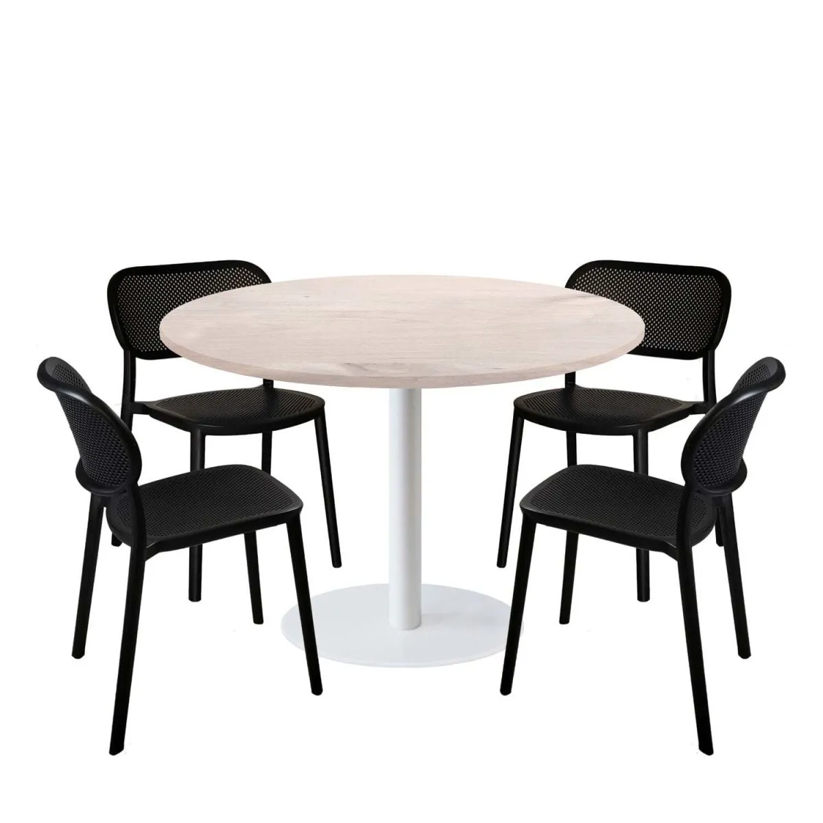 RestooTab Set tavolo Rome XL rotondo base bianco con 4 sedie - laminato legno & tinta unita; 120x120x75x120 cm (LxLxHxØ); betulla; struttura nero; rotonda