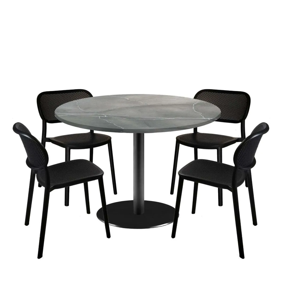 RestooTab Set tavolo Rome XL rotondo con 4 sedie - laminato pietra; 120x120x75x120 cm (LxLxHxØ); grigio/blu/marmorizzato; struttura nero; rotonda