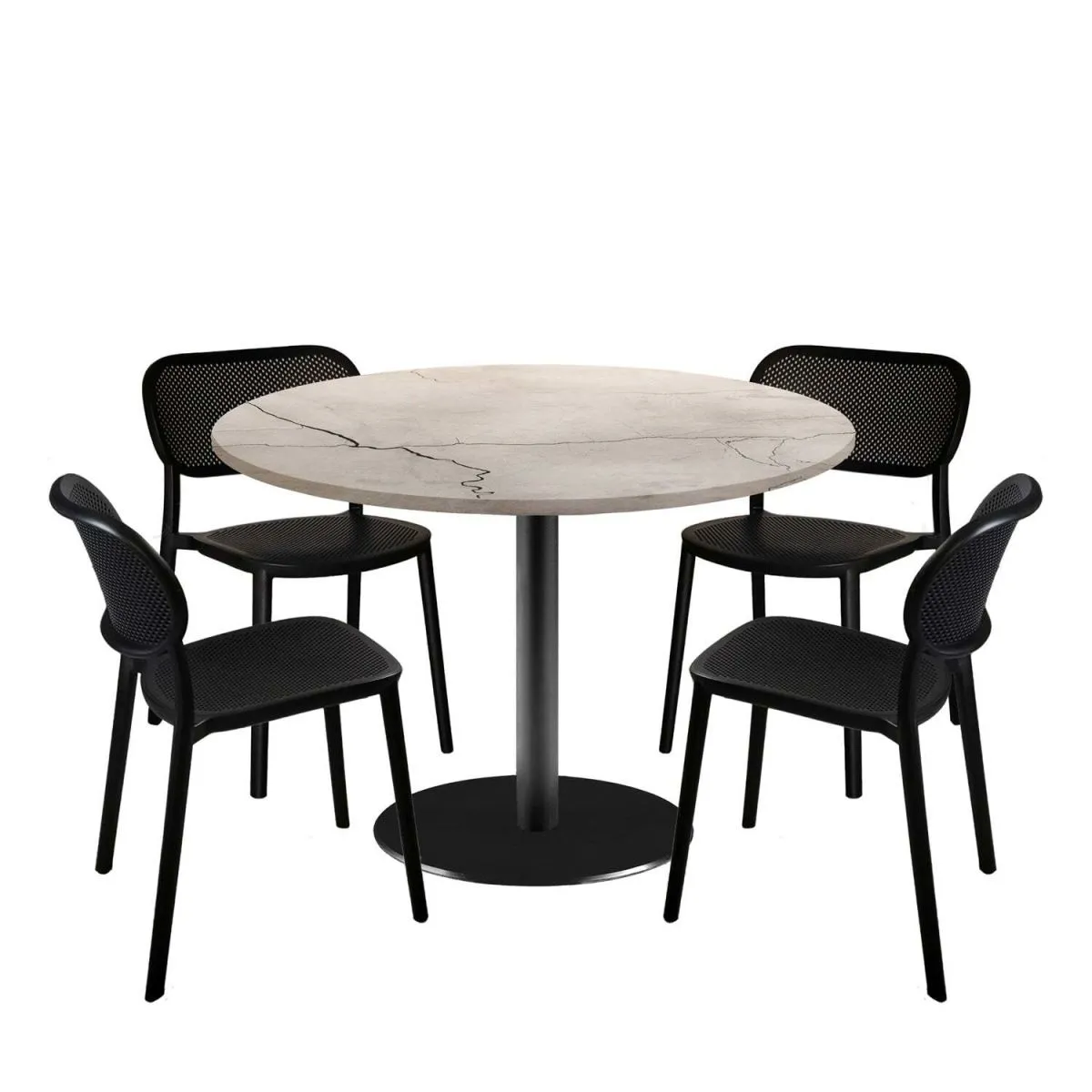 RestooTab Set tavolo Rome XL rotondo con 4 sedie - laminato pietra; 120x120x75x120 cm (LxLxHxØ); bianco lana/marmorizzato; struttura nero; rotonda