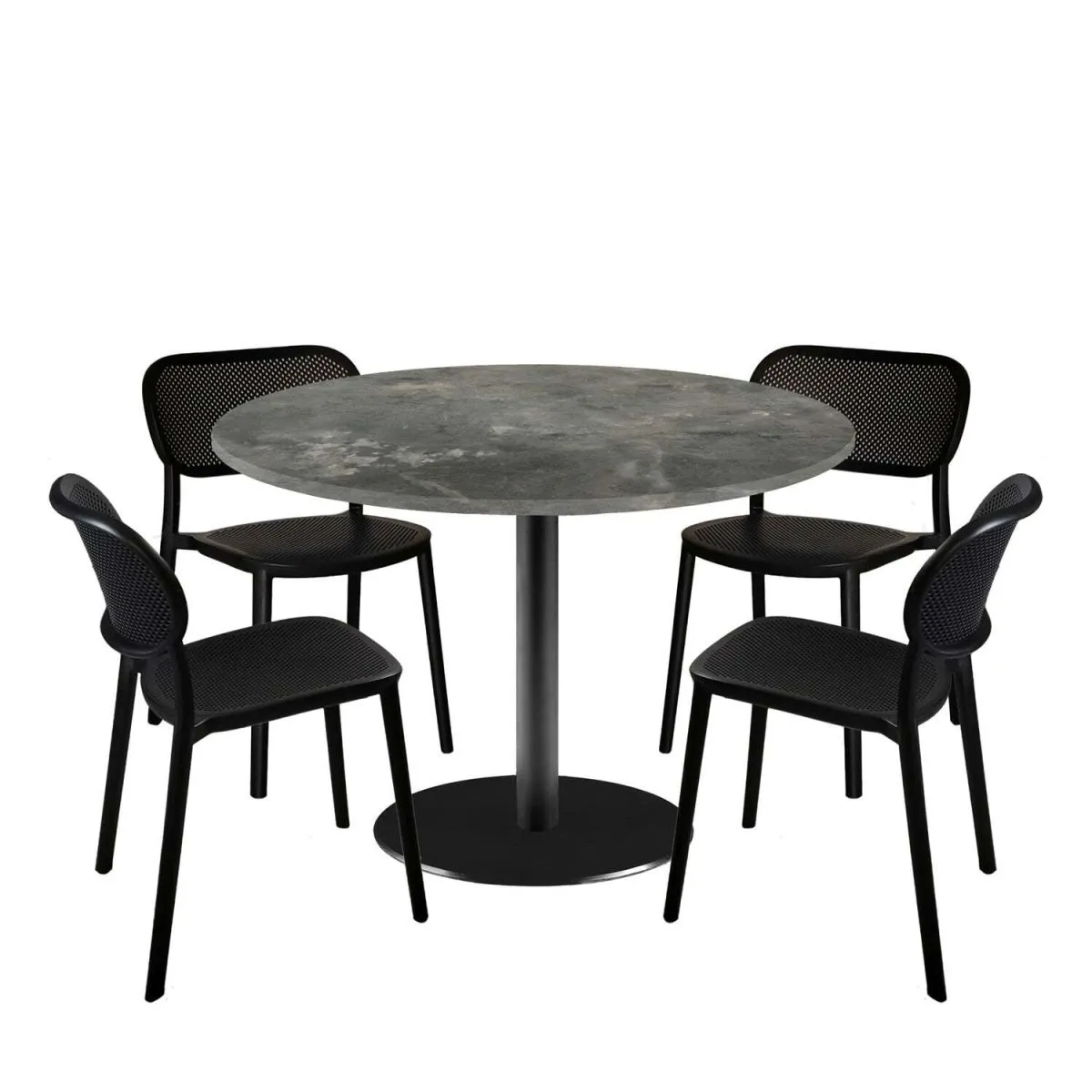 RestooTab Set tavolo Rome XL rotondo con 4 sedie - laminato pietra; 120x120x75x120 cm (LxLxHxØ); grigio/blu; struttura nero; rotonda