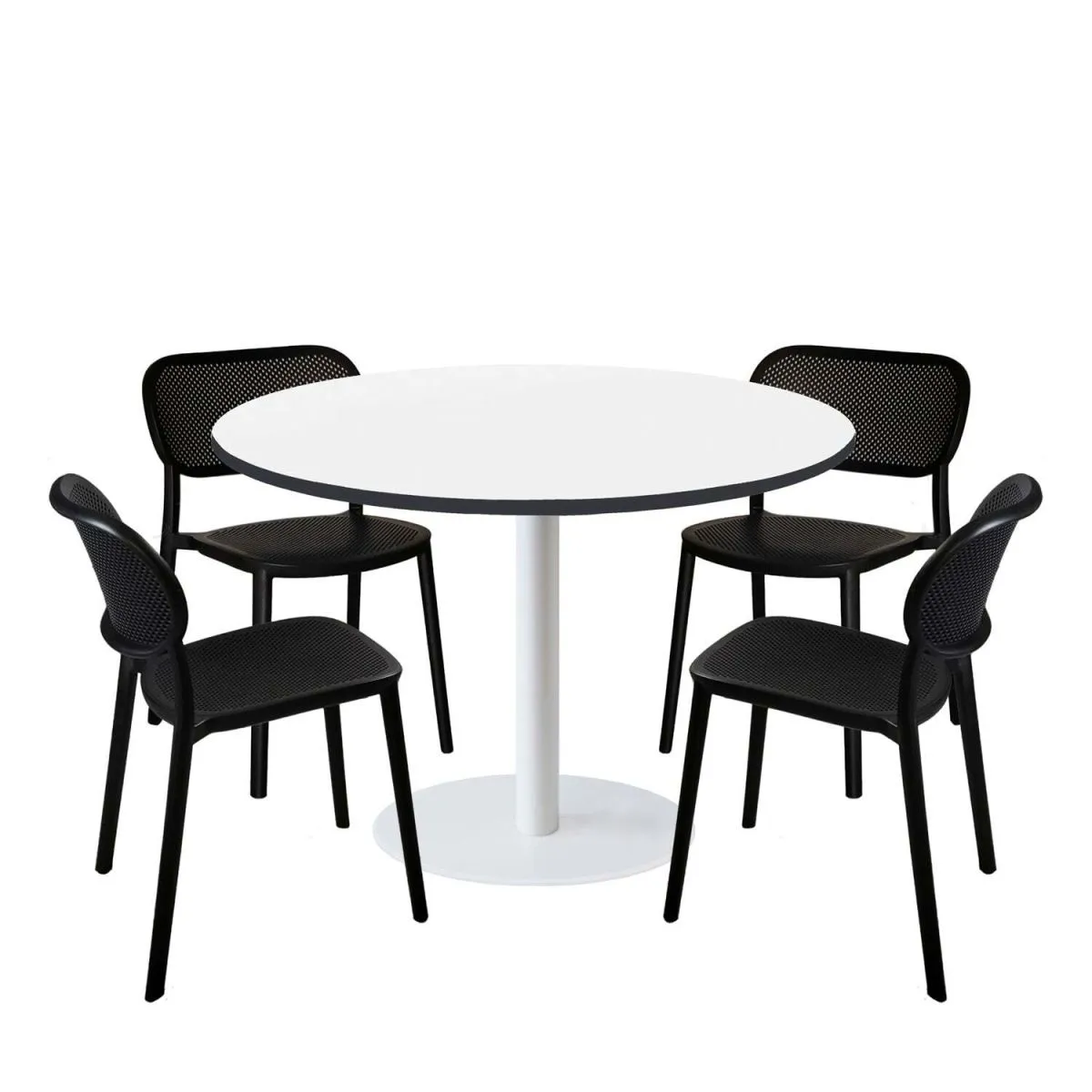 RestooTab Set tavolo Rome XL rotondo base bianco con 4 sedie - laminato legno & tinta unita; 120x120x75x120 cm (LxLxHxØ); bianco/nero; struttura nero; rotonda