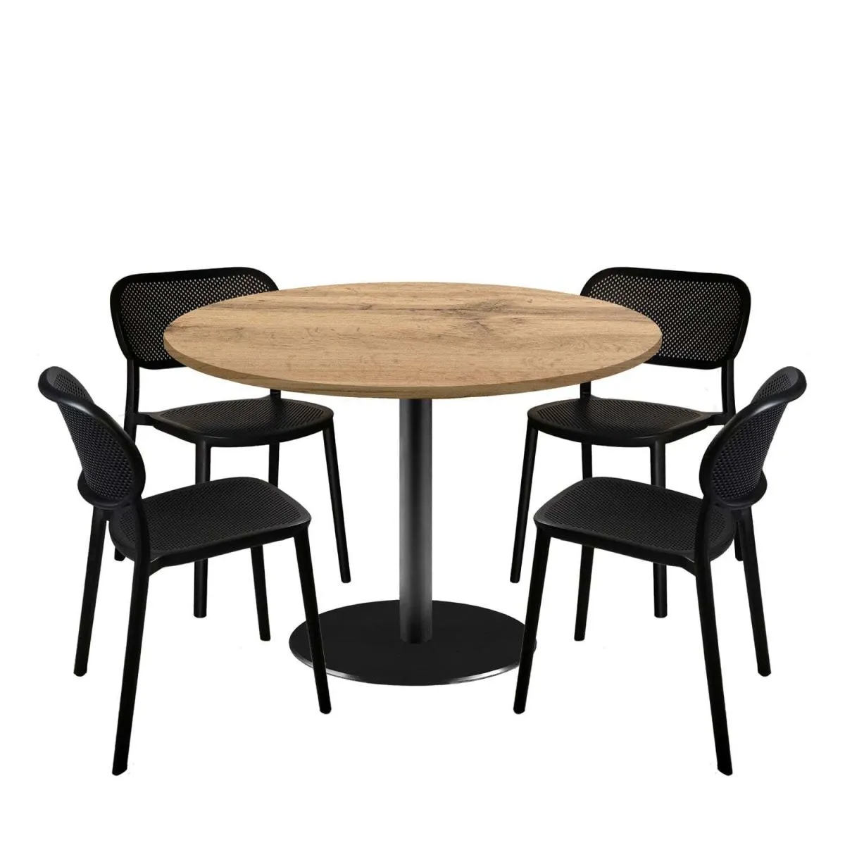RestooTab Set tavolo Rome XL rotondo con 4 sedie - laminato legno; 120x120x75x120 cm (LxLxHxØ); quercia; struttura nero; rotonda