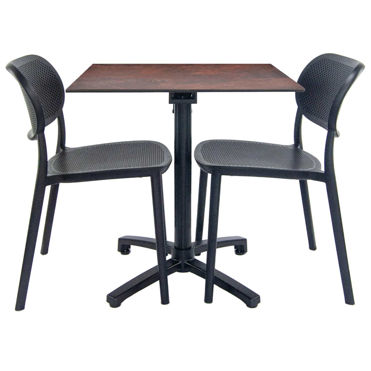RestooTab Set da terrazza Tavolo pieghevole Diabolo con 2 sedie; 70x70x73 cm (LxLxH); Piano tavolo metallo arrugginito/marrone, struttura nero; quadrata