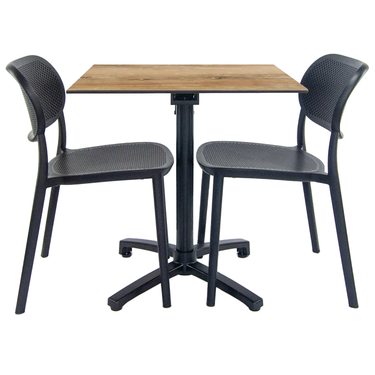 RestooTab Set da terrazza Tavolo pieghevole Diabolo con 2 sedie; 70x70x73 cm (LxLxH); Piano tavolo quercia antica, struttura nero; quadrata
