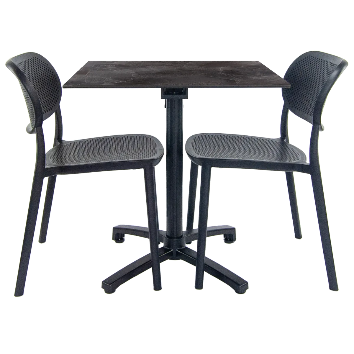 RestooTab Set da terrazza Tavolo pieghevole Diabolo con 2 sedie; 70x70x73 cm (LxLxH); Piano tavolo grigio scuro, struttura nero; quadrata