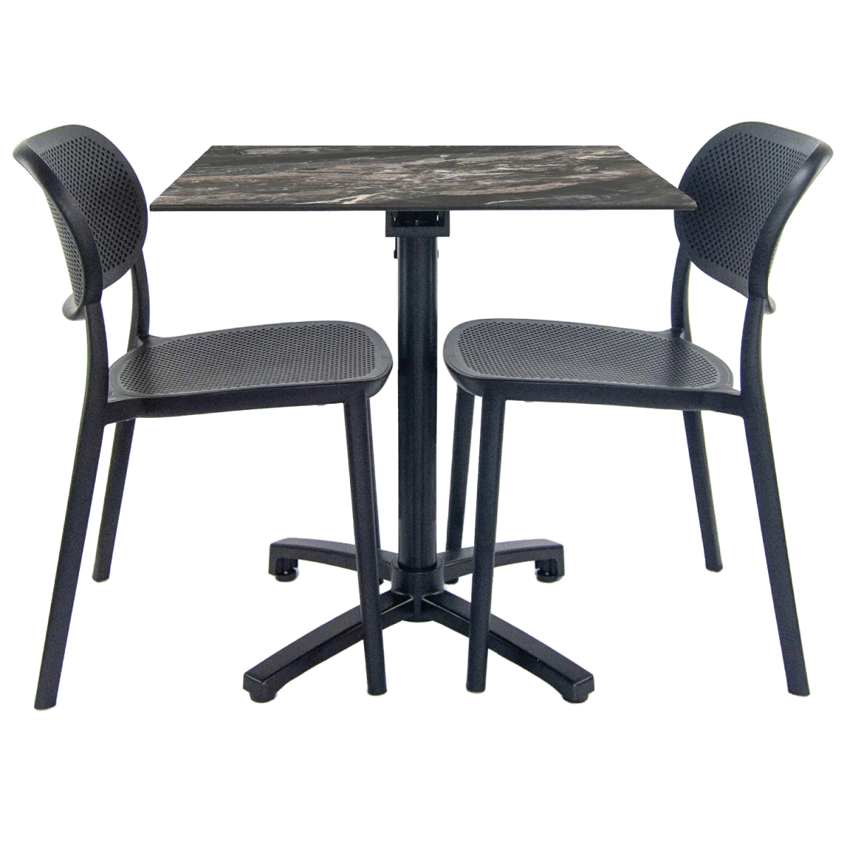RestooTab Set da terrazza Tavolo pieghevole Diabolo con 2 sedie; 70x70x73 cm (LxLxH); Piano tavolo nero/marrone/marmorizzato, struttura nero; quadrata