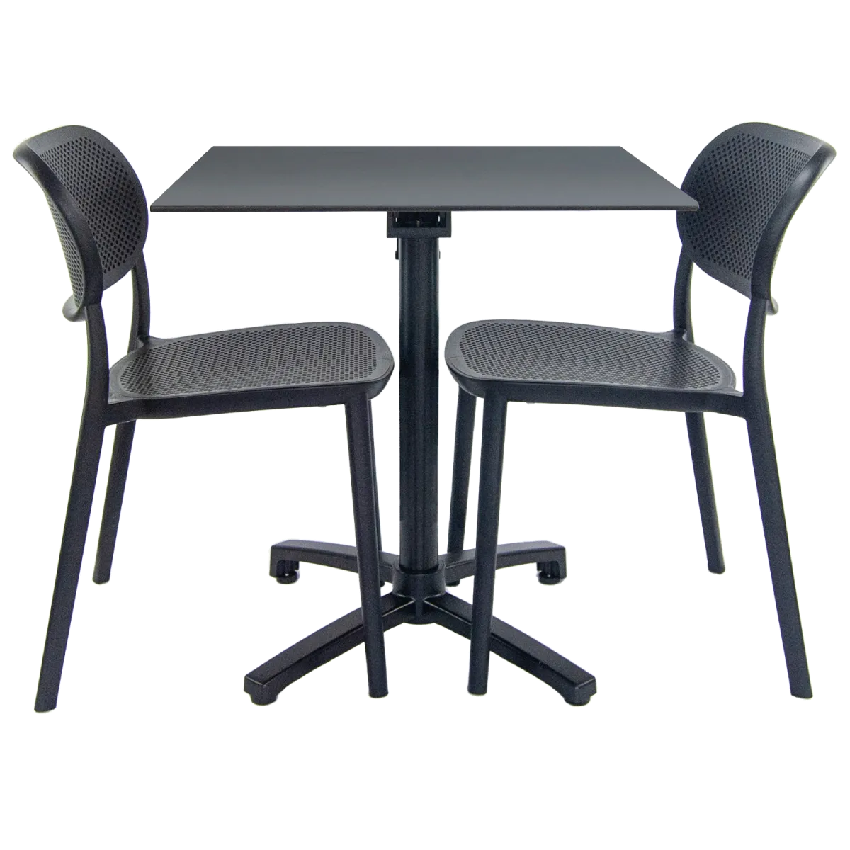 RestooTab Set da terrazza Tavolo pieghevole Diabolo con 2 sedie; 70x70x73 cm (LxLxH); Piano tavolo grigio, struttura nero; quadrata
