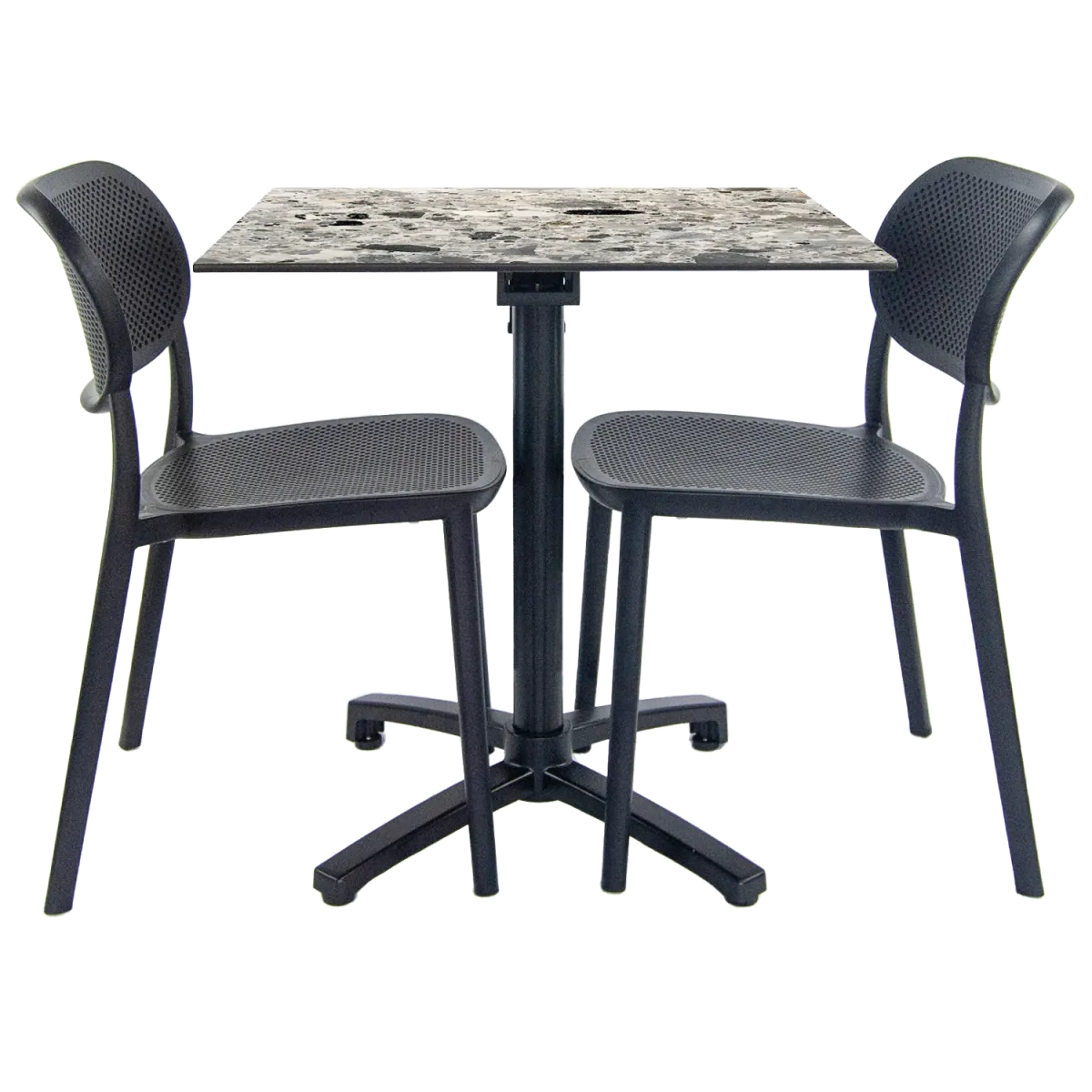RestooTab Set da terrazza Tavolo pieghevole Diabolo con 2 sedie; 70x70x73 cm (LxLxH); Piano tavolo grigio/terazzo, struttura nero; quadrata