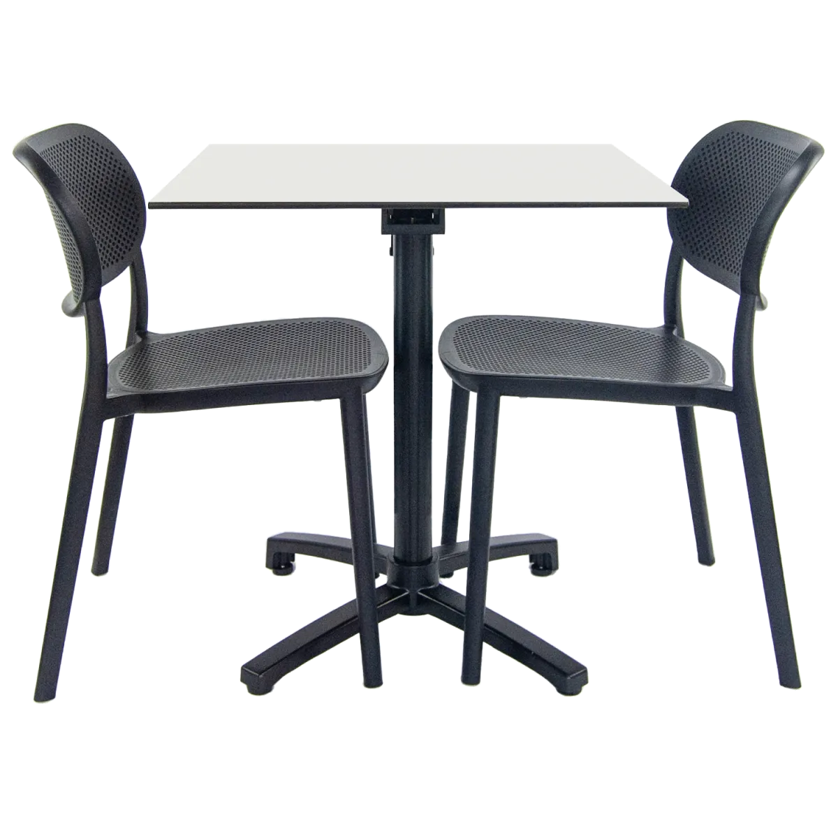 RestooTab Set da terrazza Tavolo pieghevole Diabolo con 2 sedie; 70x70x73 cm (LxLxH); Piano tavolo bianco, struttura nero; quadrata