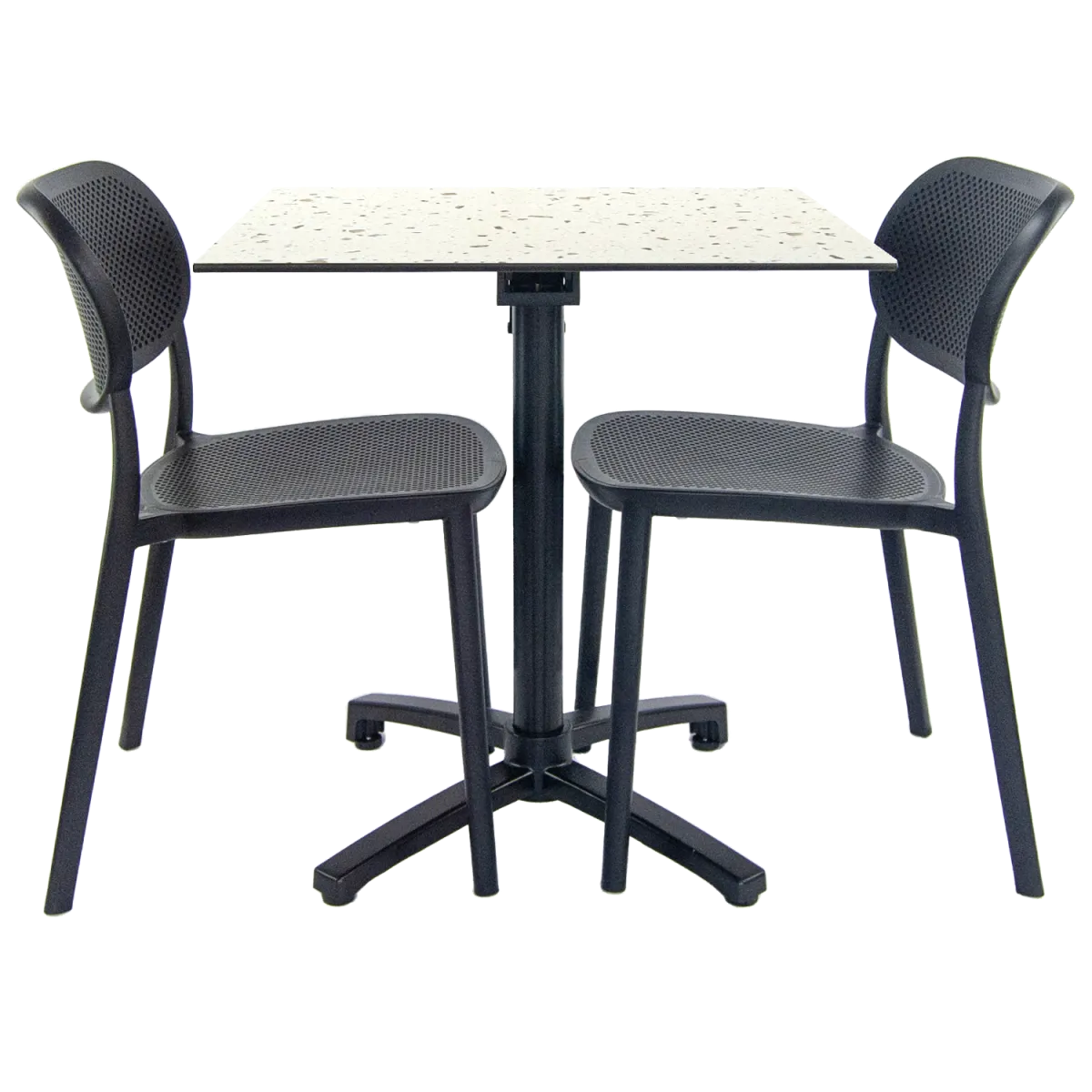 RestooTab Set da terrazza Tavolo pieghevole Diabolo con 2 sedie; 70x70x73 cm (LxLxH); Piano tavolo bianco/multicolore/terazzo, struttura nero; quadrata