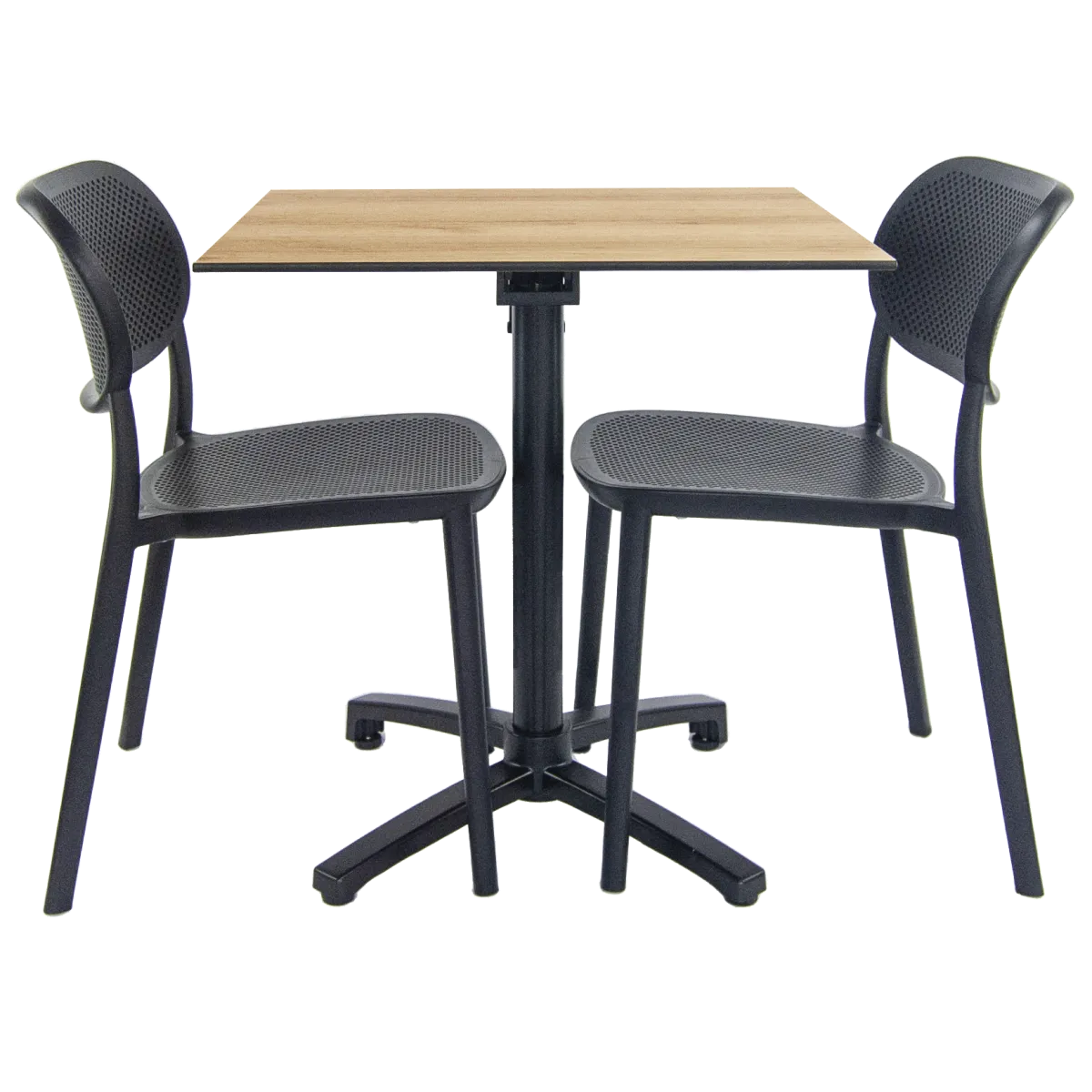 RestooTab Set da terrazza Tavolo pieghevole Diabolo con 2 sedie; 70x70x73 cm (LxLxH); Piano tavolo quercia/naturale, struttura nero; quadrata