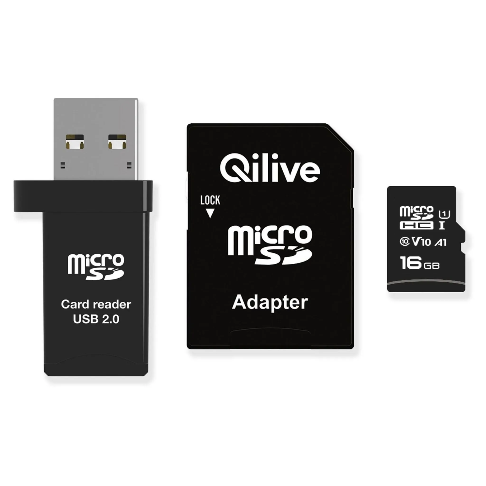 Scheda di memoria microSDHC Qilive, 16Gb, Classe 10, con lettore di schede e adattatore EKMSDM16GHC10QL