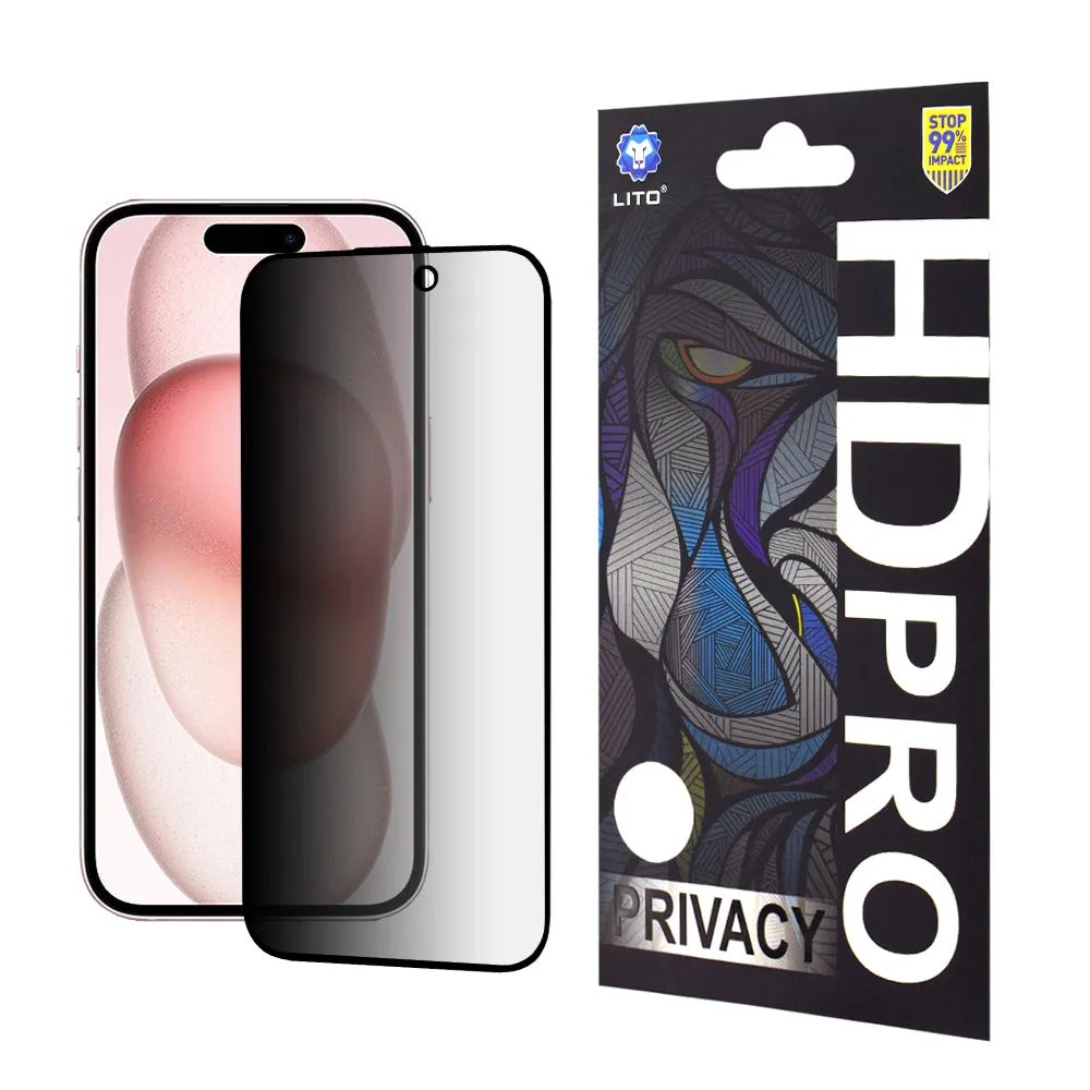 Pellicola protettiva per schermo Privacy Lito HD Pro per Apple iPhone 15, Vetro temperato, Full Glue