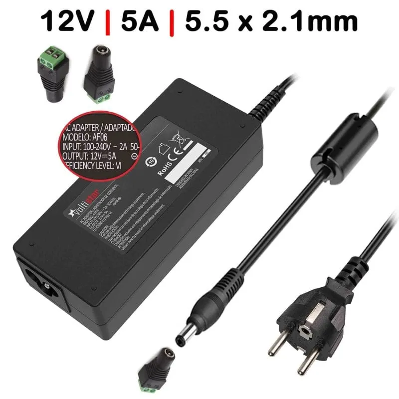 Caricabatterie Per Monitor TFT 12V 5A 60W + Connettore Adatto Per Strip LED