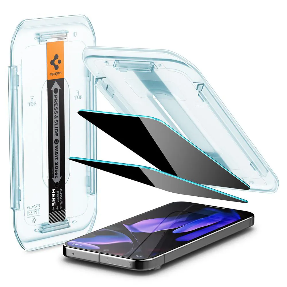 Pellicola protettiva per schermo Privacy Spigen GlastR EZ FIT per Google Pixel 9 / 9 Pro, Vetro temperato, Full Glue, Set 2 pezzi AGL09312