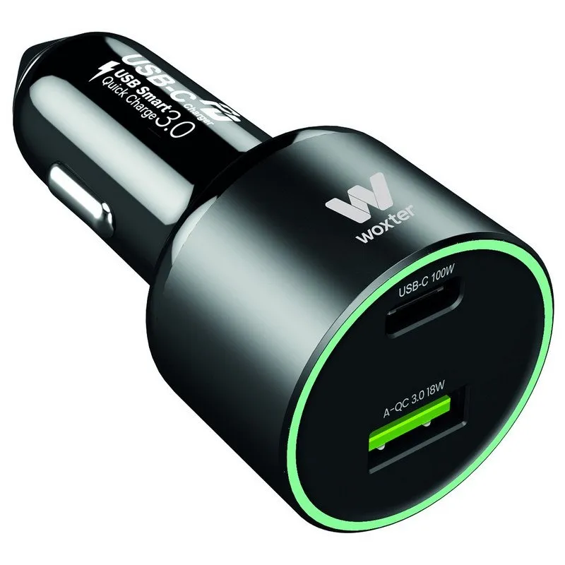 Woxter Caricabatteria Veloce da Auto 2 Porte USB-C + USB-A 100W 12V/24V Nero