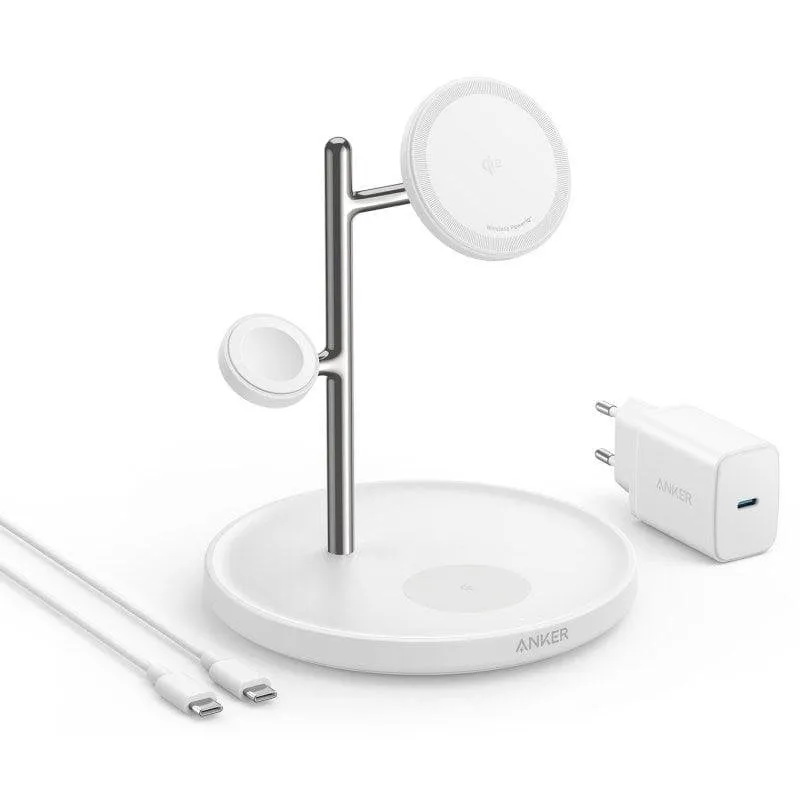 Stazione di ricarica wireless regolabile Anker MagGo 3 in 1 Qi2 15W Bianca