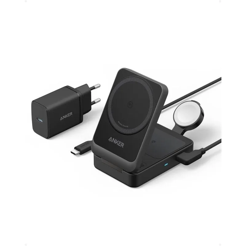 Anker MagGo Caricabatterie Wireless iPhone 3 in 1 Supporto di Ricarica 15W Qi2+ Caricabatterie Nero