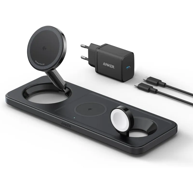 Caricabatterie wireless magnetico Anker MagGo Stazione di ricarica wireless 3 in 1 pieghevole 15W Qi2 Nero