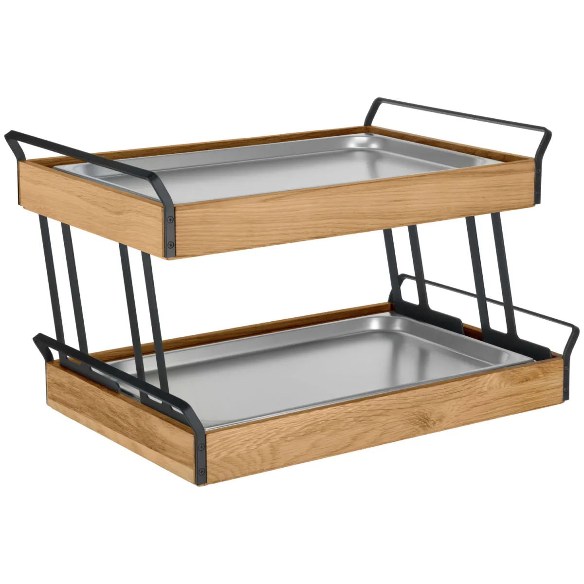 VEGA Vetrina refrigerata con piastre eutettiche Esino bassa, GN 1/1, a due ripiani, in acciaio; GN 1/1, 61.9x38.6x36.9 cm (LxLxH); quercia/nero/acciaio inox; rettangolare