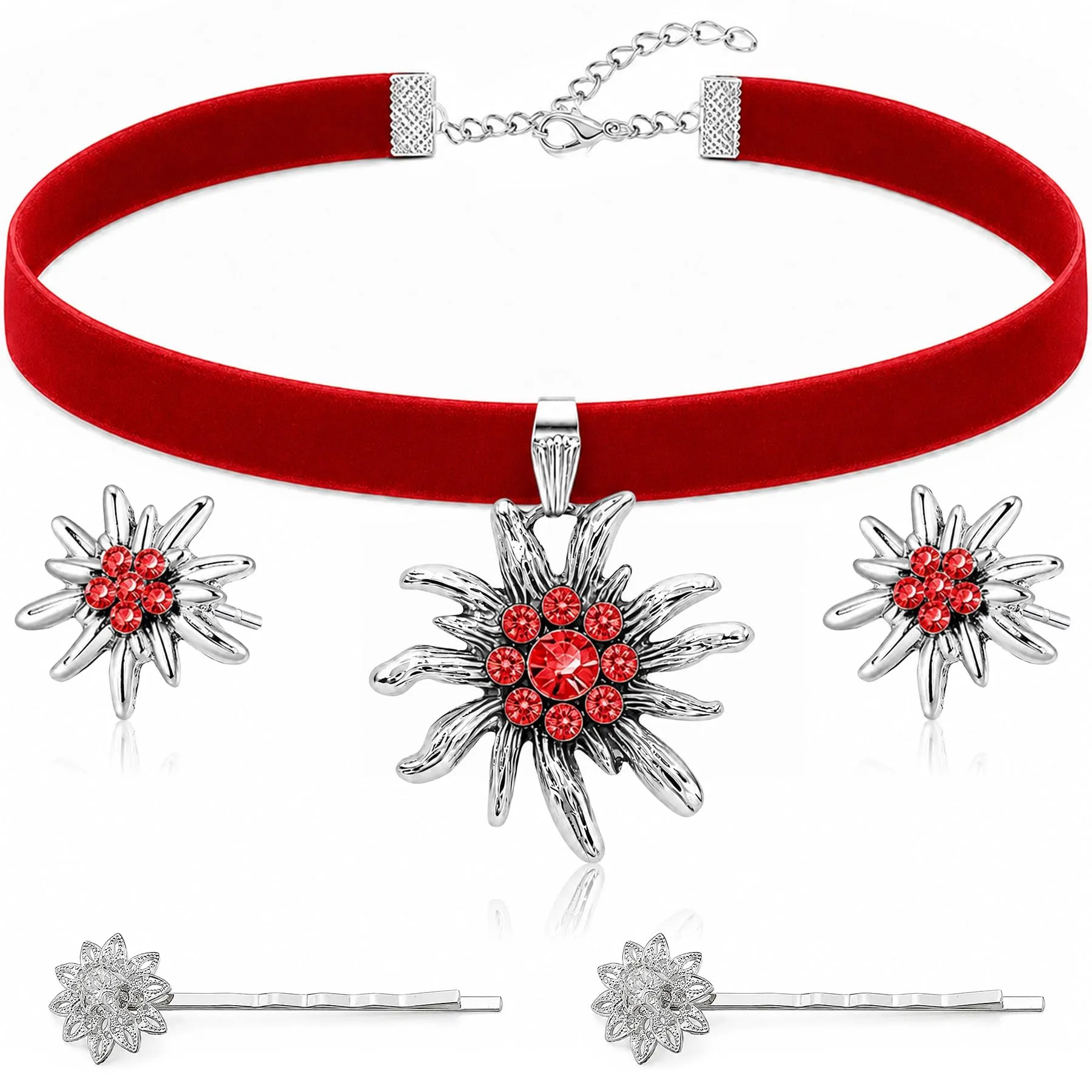 Set di 4 gioielli per costume tradizionale bavarese, collana con ciondolo a forma di cuore a forma di stella alpina e strass, fermagli per capelli e orecchini a forma di stella alpina, 5 pezzi-A