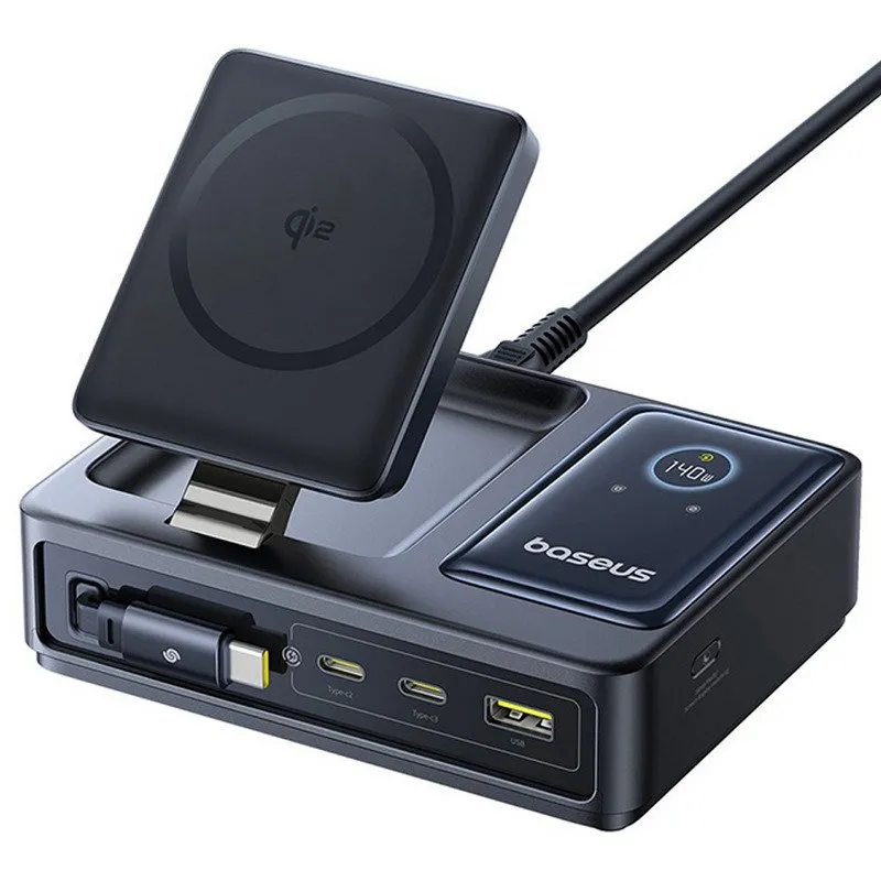 Baseus Nomos 5 in 1 Qi2 140W Stazione di ricarica wireless 2xUSB-C+1xUSB-A Display digitale a LED