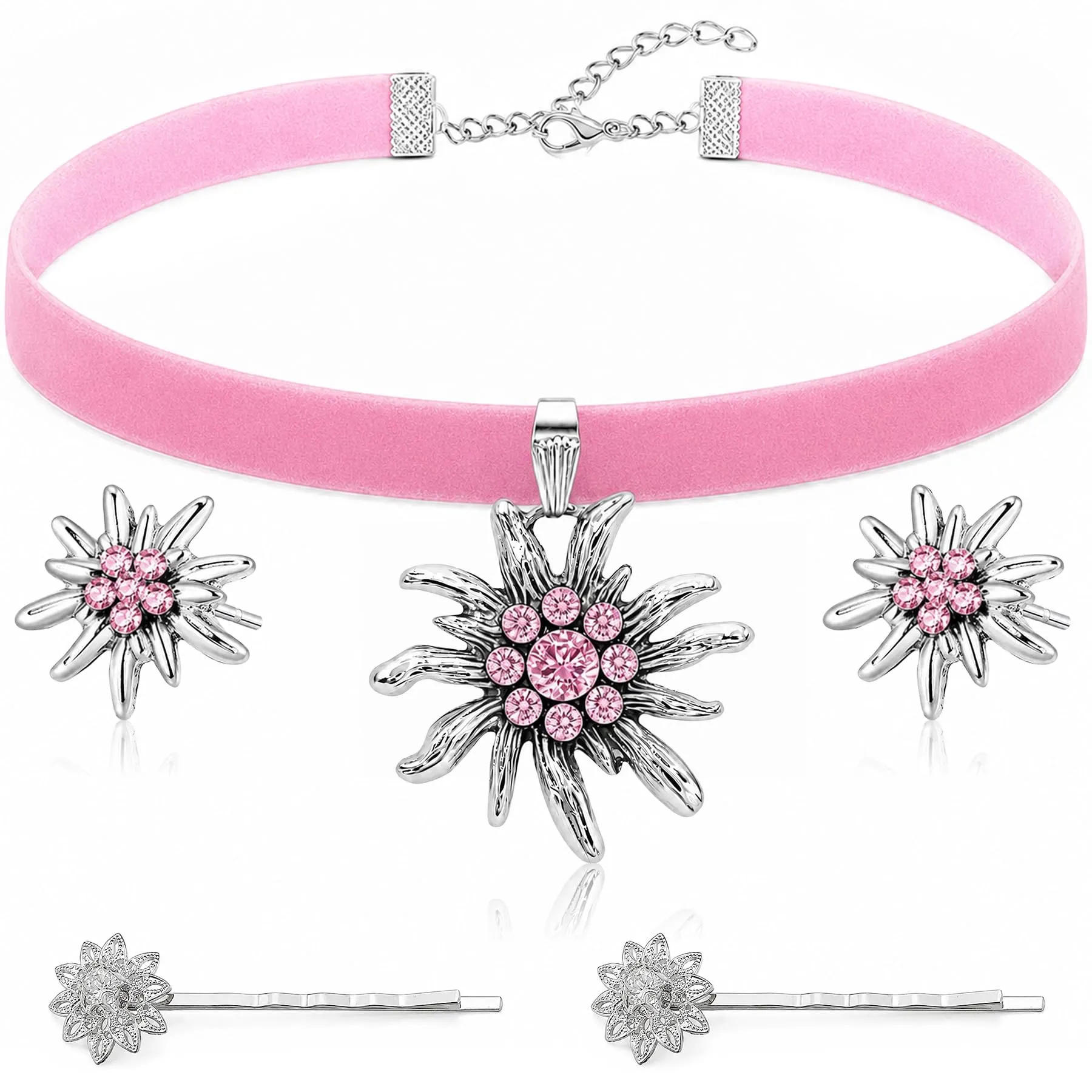 Set di gioielli per costume tradizionale bavarese, collana con ciondolo a forma di cuore a forma di stella alpina e strass, fermagli per capelli e orecchini a forma di stella alpina