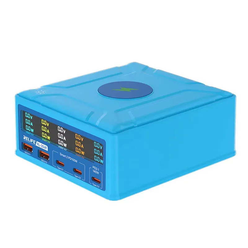 Caricabatterie Stazione Relife RL-304R QI, 260W, 3A, 2 x USB-A - 3 x USB-C, Blu