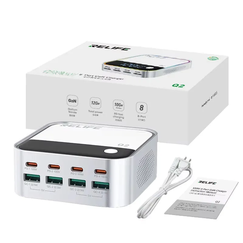 Caricabatterie Stazione Relife Q2, 120W, 5A, 4 x USB-A - 4 x USB-C, Argento