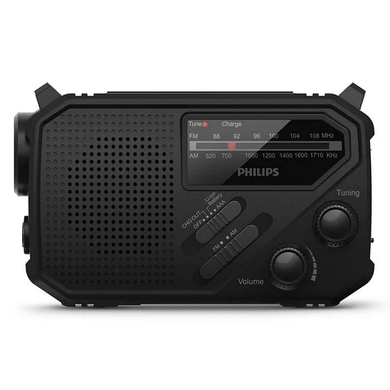 Philips TAR1609/00 Radio FM/AM portatile, torcia integrata, ricarica USB-C, solare e manovella