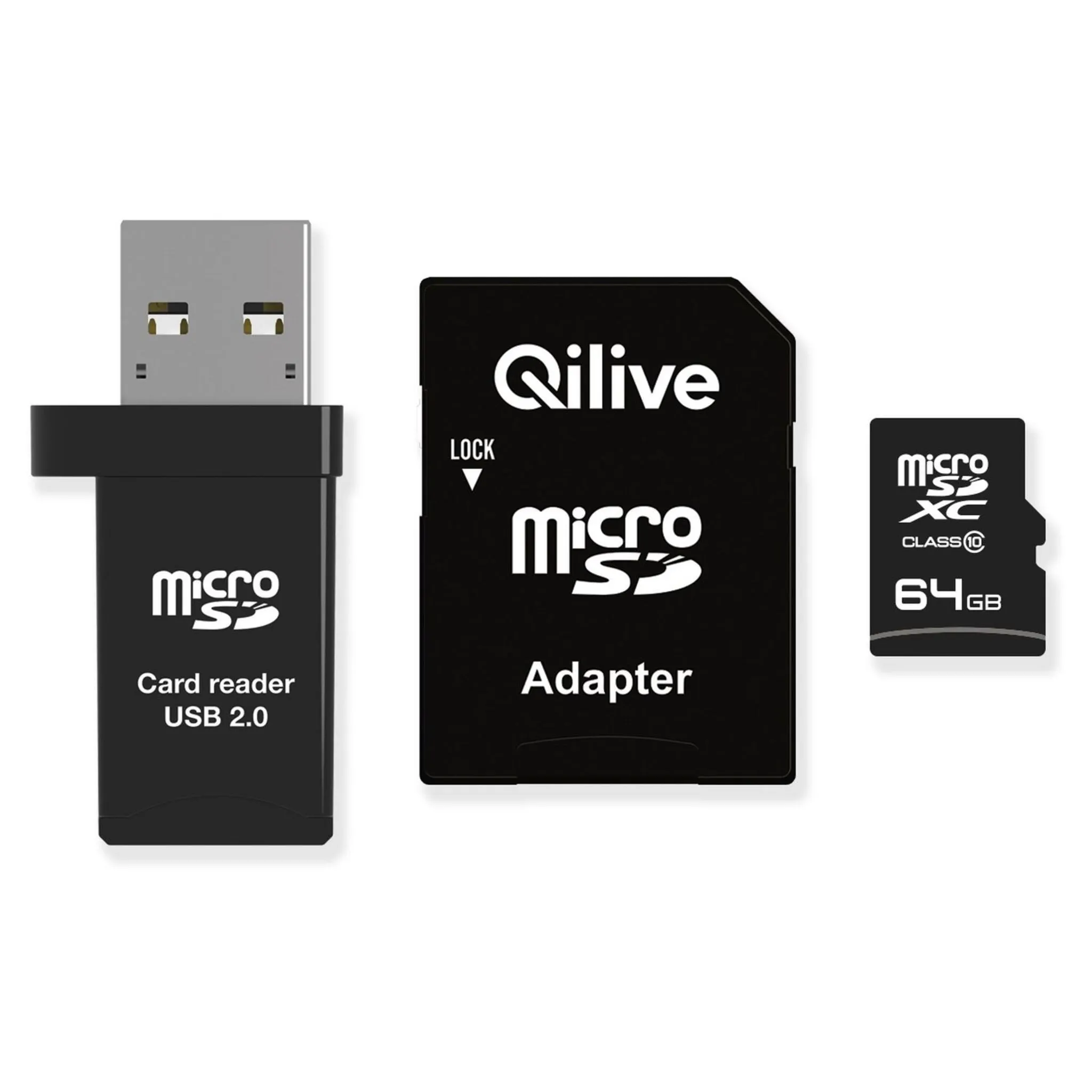 Scheda di Memoria microSDXC Qilive, 64Gb, Classe 10, Con Lettore di Schede e Adattatore EKMSDM64GXC10QL