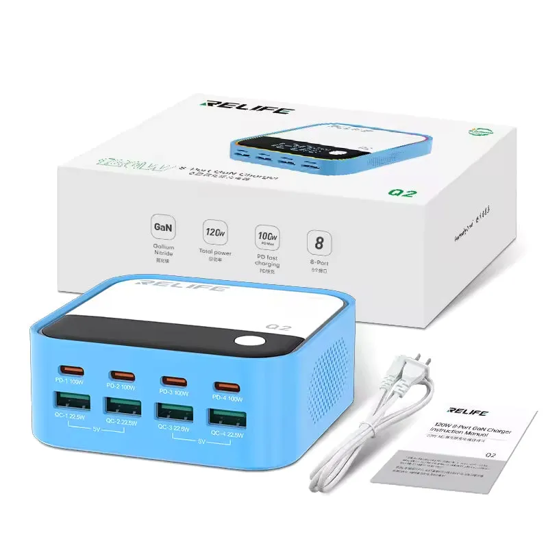 Caricabatterie Stazione Relife Q2, 120W, 5A, 4 x USB-A - 4 x USB-C, Blu