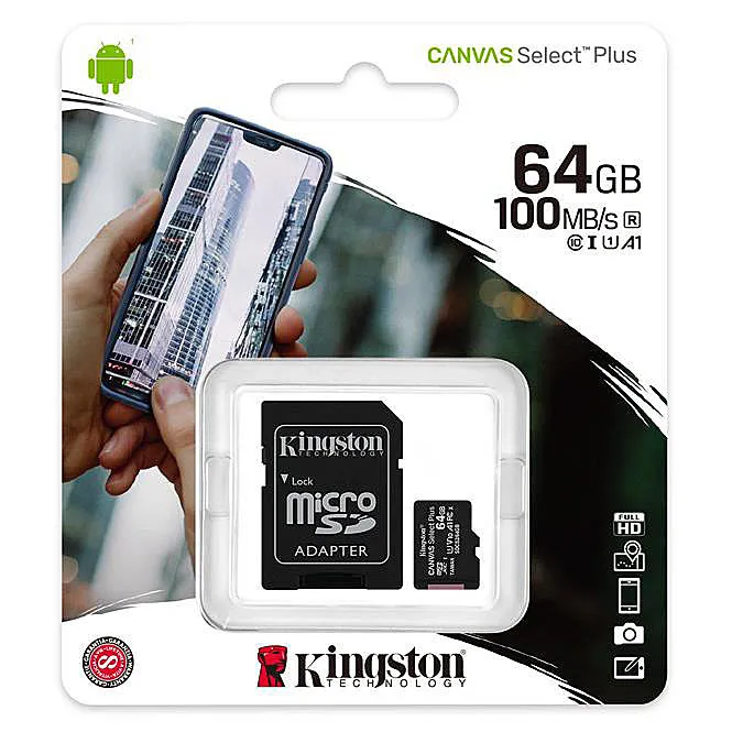 Scheda di Memoria microSDXC Kingston Canvas Select Plus Android A1, 64Gb, Classe 10 / UHS-1 U1, Con Adattatore SDCS2/64GB