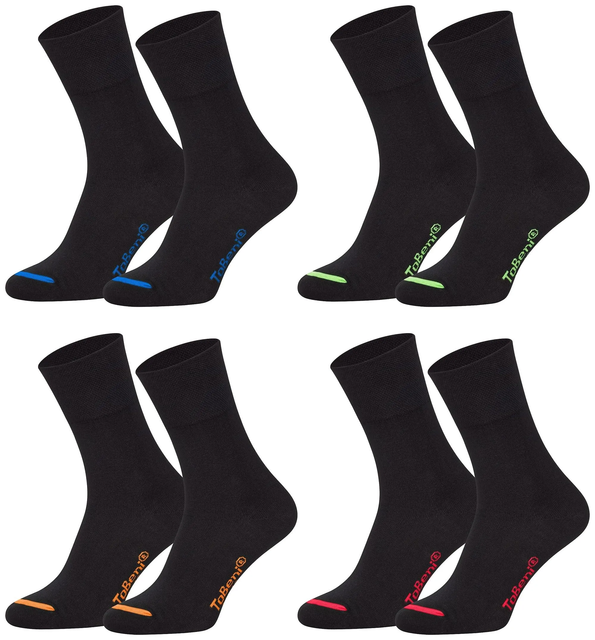 Tobeni 8 Paia Donna Uomo Calze Cotone Comfort Cintura senza Gomma Business Traspirante Unisex Colore Nero Punta Colorata Taglia 43-46