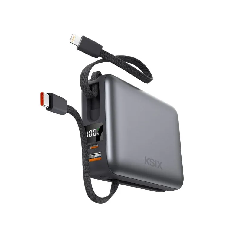 Power Bank Ksix da 20.000 mAh, ricarica rapida PD da 22,5 W, cavi USB-C e Lightning integrati, display LED, nero