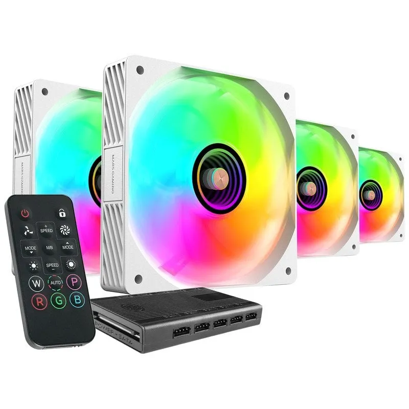 Kit ventole Mars Gaming MF-SI4KIT ARGB da 4x 120 mm con telecomando e hub, bianco