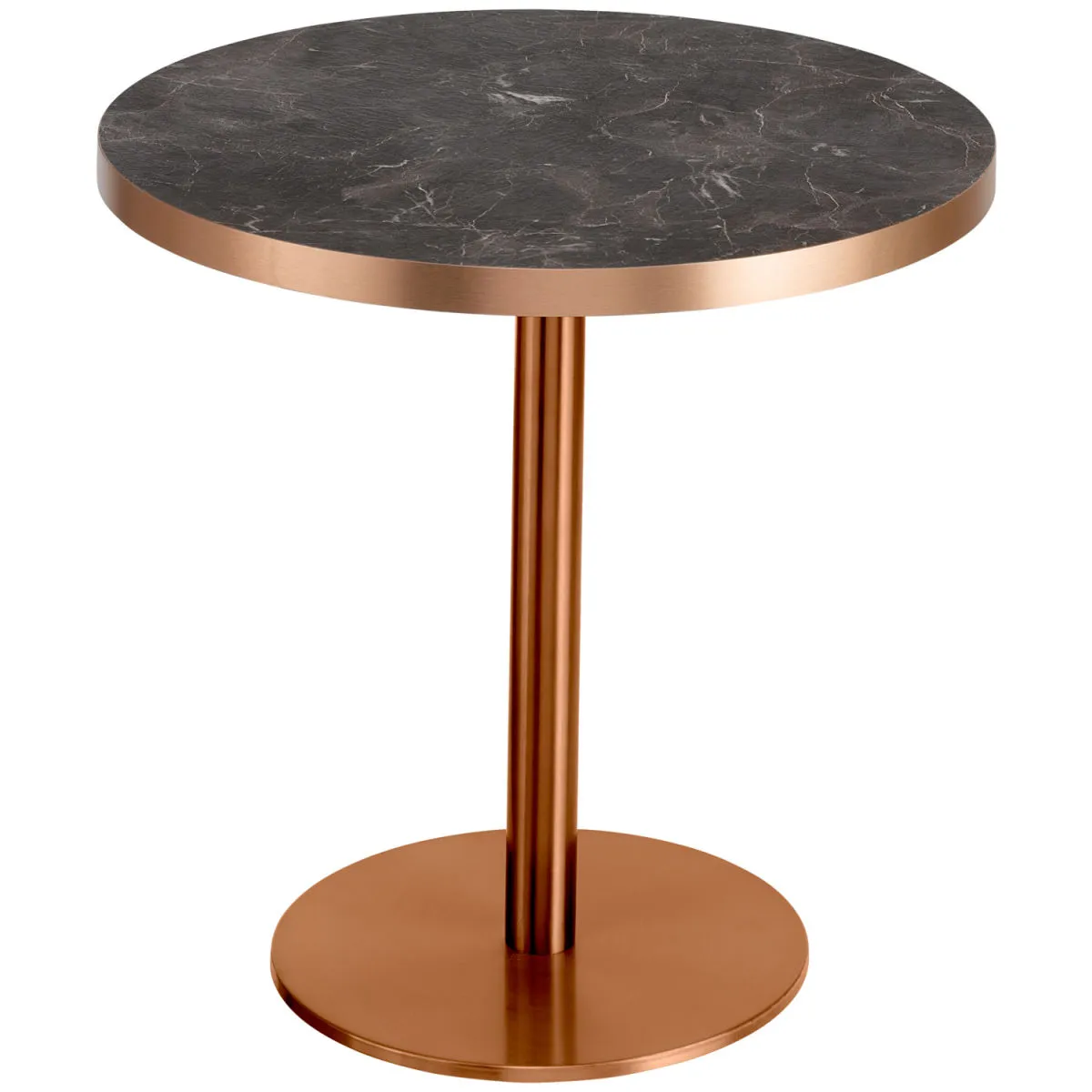 VEGA Tavolino Marvani in acciaio inox rame; 46.5x50 cm (HxØ); Piano tavolo rame/marmorizzato/nero, struttura rame; rotonda