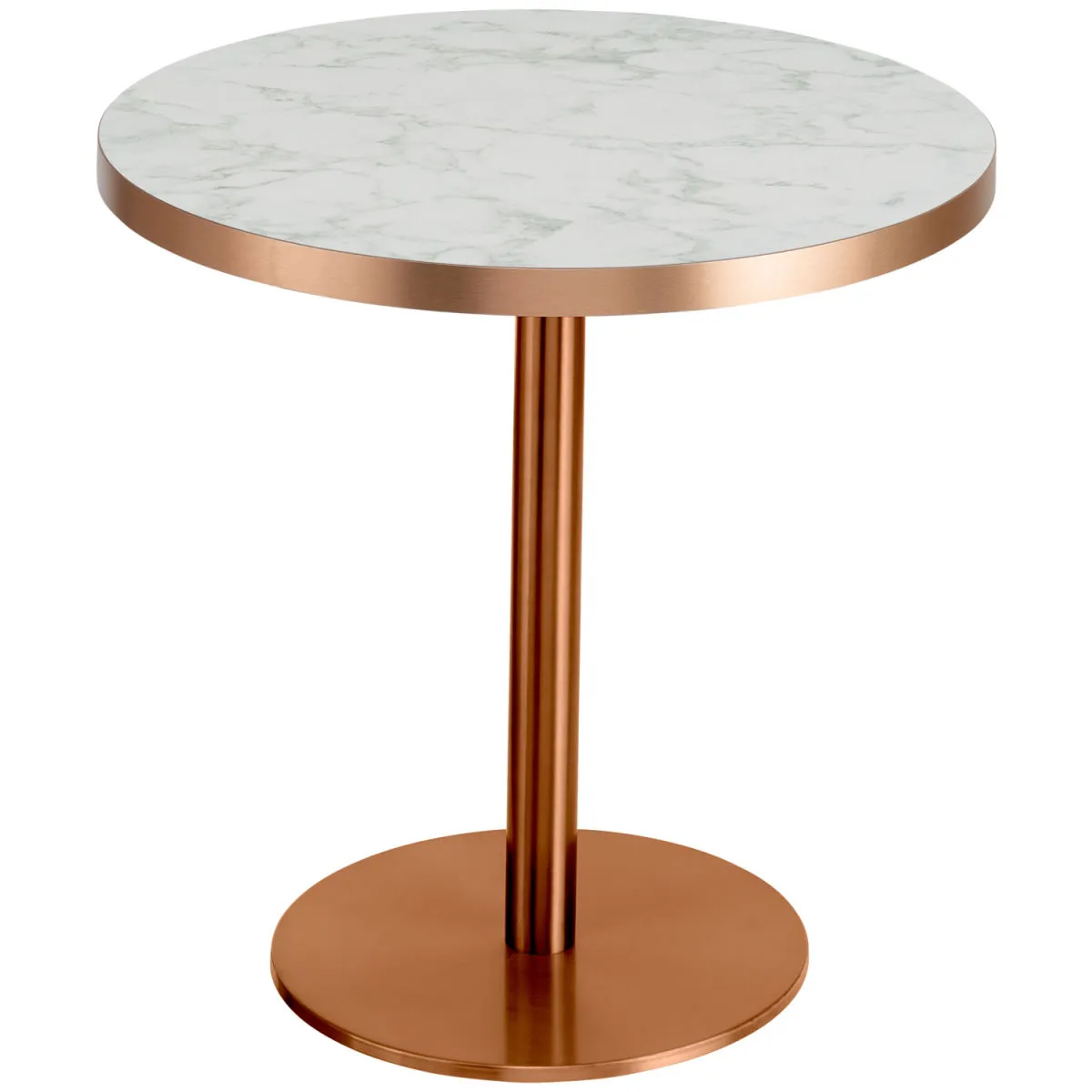 VEGA Tavolino Marvani in acciaio inox rame; 46.5x50 cm (HxØ); Piano tavolo bianco/rame/marmorizzato, struttura rame; rotonda