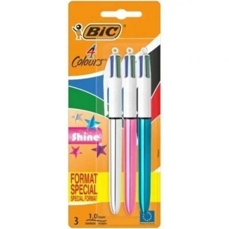 Penna Bic 4 Colors Shine 9122751 Retrattile 4 Colori Corpo Metallico 3 Unità