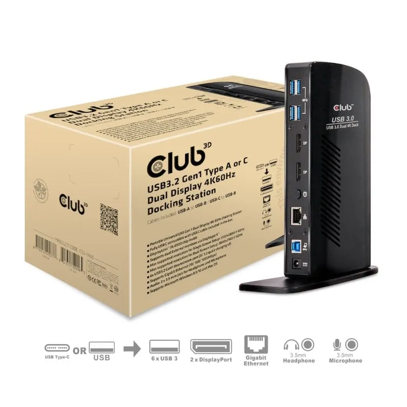 Club 3D CSV-1460 Docking station USB 3.2 a 6 porte, doppio display 4K 60Hz, nero