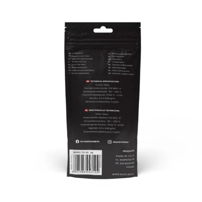 Pasta termica Savio Glacier TG-03 13,5W/m-K 4g alta conduttività universale