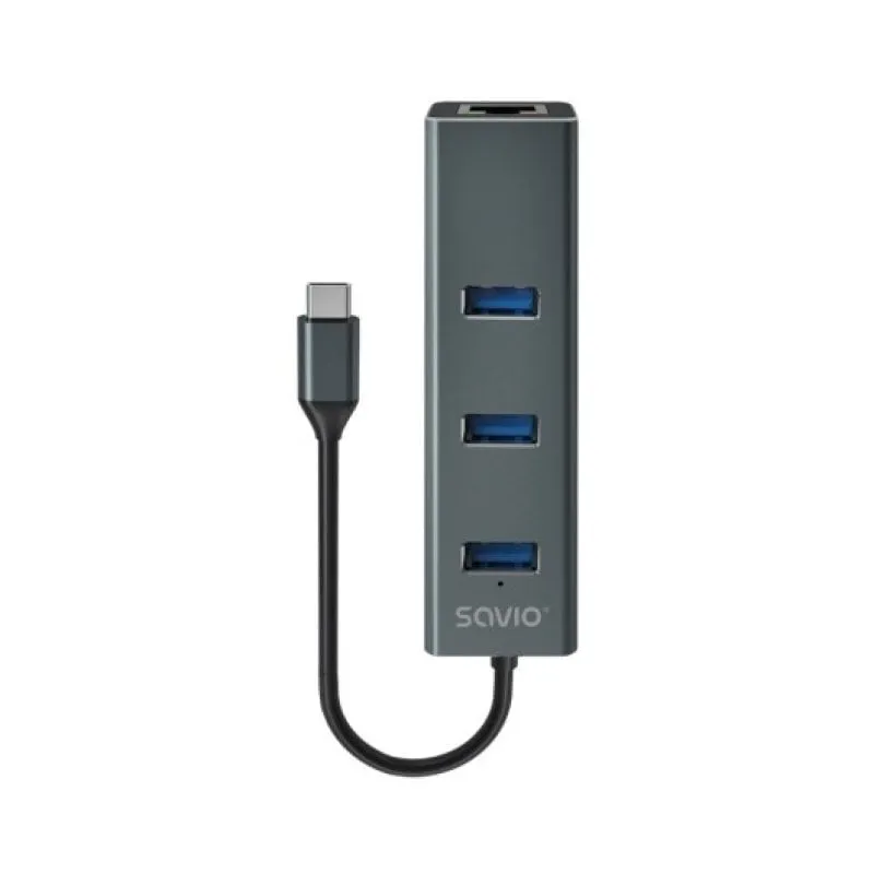 Hub USB-C Savio SAVAK-57 in alluminio 3x USB 3.1 1x RJ45 5 Gbps nero/grigio