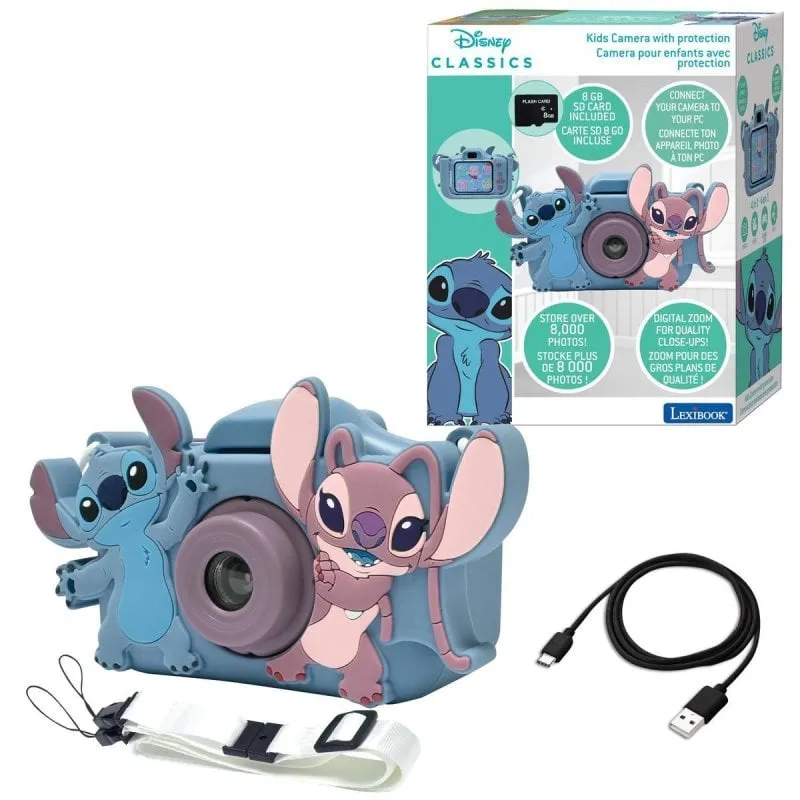 Lexibook Stitch DJ078D Fotocamera digitale per bambini da 8 GB, 5 giochi, 15 fotogrammi, protezione in silicone