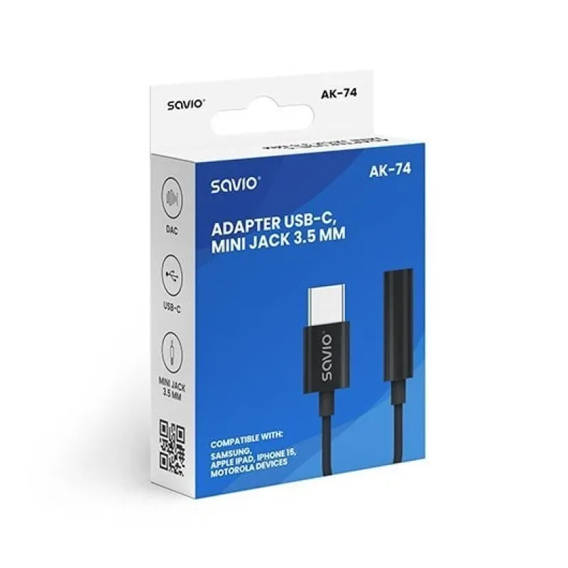 Adattatore DAC Savio AK-74 da USB-C a jack da 3,5 mm, audio Hi-Fi, nero, garanzia di 36 mesi