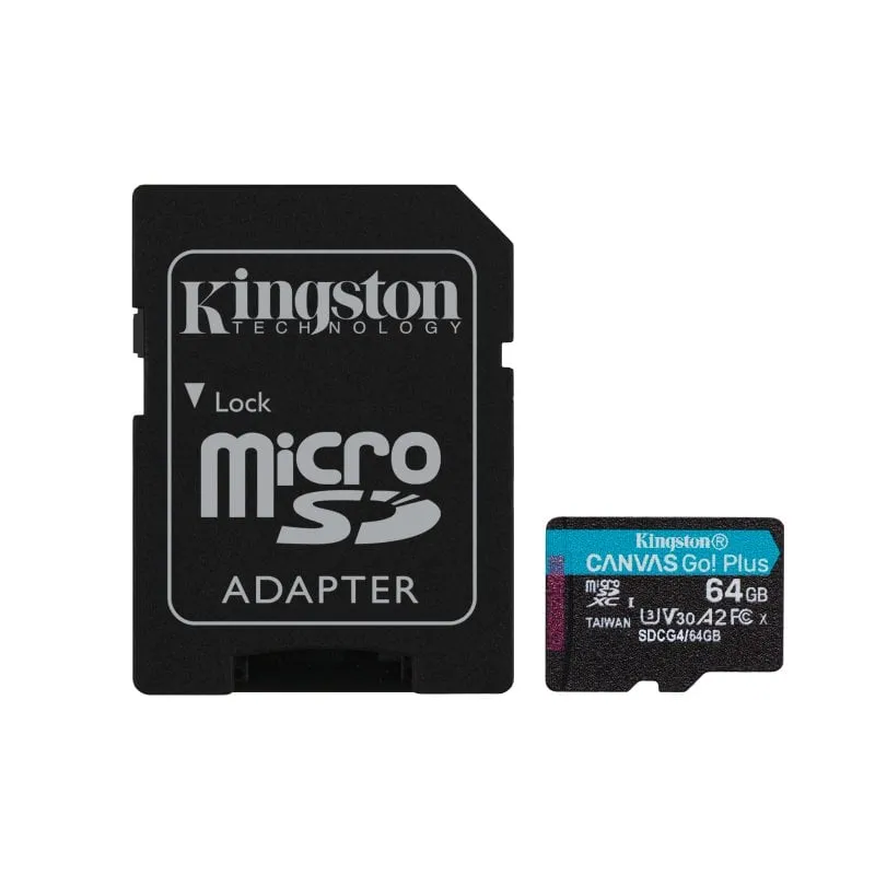 Scheda MicroSD Kingston Canvas Go Plus Gen4 da 64 GB, 200 MB/s, A2 U3 V30 con adattatore