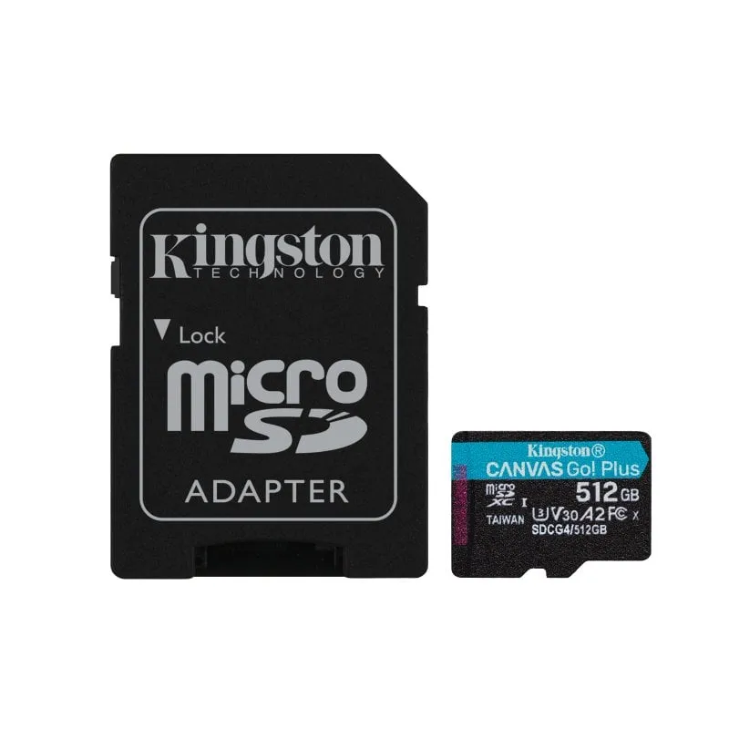 Scheda microSD Kingston Canvas Go Plus Gen4 da 512 GB e 200 MB/s A2 U3 V30 + adattatore