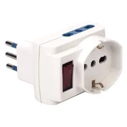 Adattatore con interruttore 2 prese 2P+T 10/16A (bipasso italiano); 2 prese 2P+T (std italiano 10A e tedesco 16A) Bianco PP2386