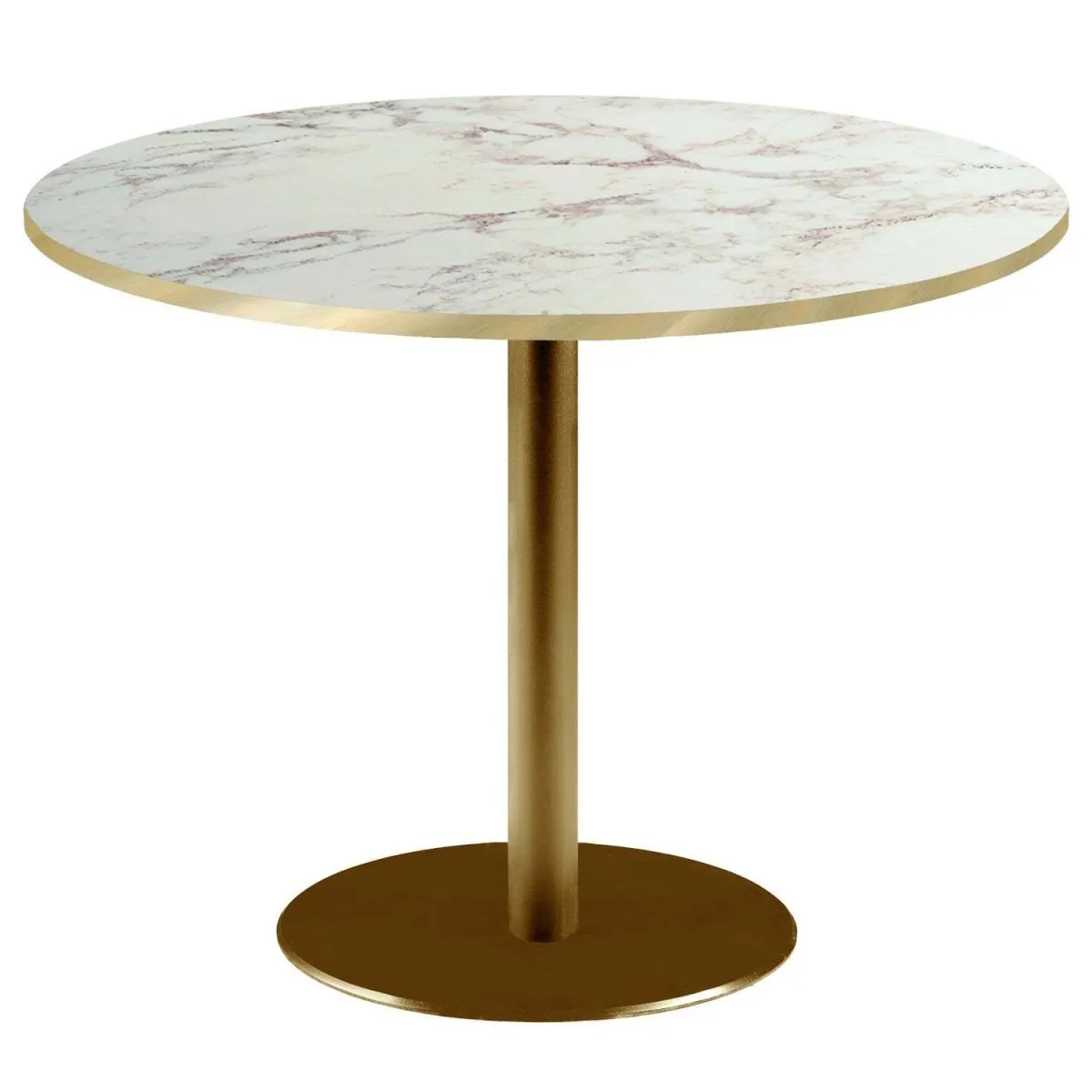 RestooTab Tavolo Roma XL rotondo base dorato - laminato pietra & canti ottone; 75x120 cm (HxØ); bianco lana/marrone/ottone; rotonda
